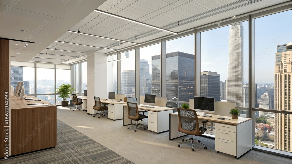Fototapeta premium Modern Office Space with City View and Natural Light