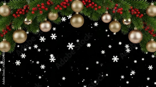 A festive christmas garland adorned with golden ornaments and red berries, sprinkled with delicate snowflakes against a dark background