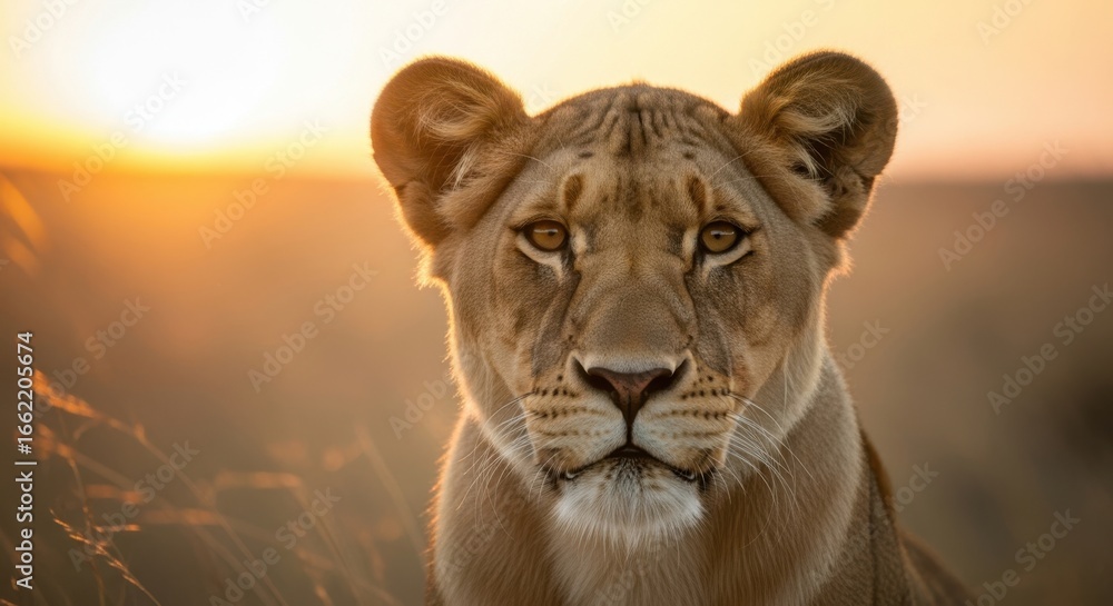 Fototapeta premium Majestic Lioness in Golden Hour Sunlight Safari Adventure