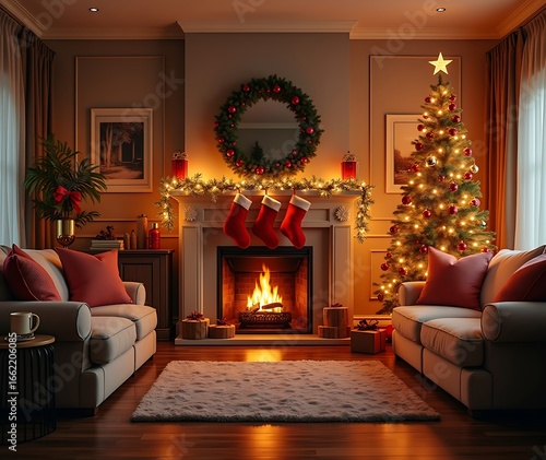 Cozy Christmas Living Room with Fireplace and Decorated Tree