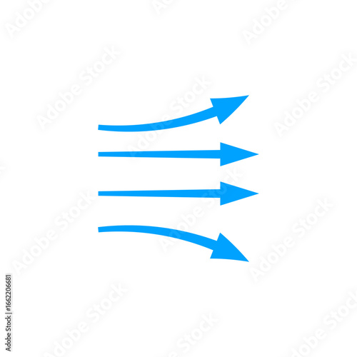 Dynamic arrows in blue showing curved and straight lines symbolize motion and airflow.