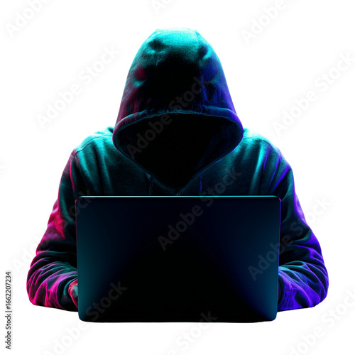 Anonymous hacker wearing a hooded sweatshirt illuminated by colorful neon lights working on a laptop isolated on transparent background