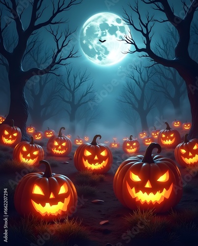 Jack-o'-lanterns illuminate a spooky forest path under a full moon on Halloween night.