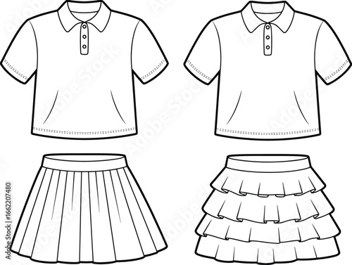 Fashion flat sketch polo shirt with collar, short sleeve top, pleated skirt design, layered ruffle skirt illustration, apparel template drawing