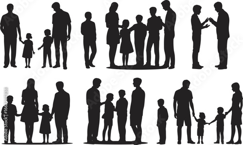 Family and children silhouettes in various poses and interactions, depicting parenting, childhood, and diverse group dynamics against a white backdrop.