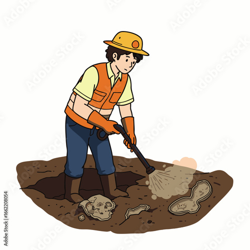 An attentive archaeologist meticulously uncovers ancient fossilized remains from the earth, employing specialized tools during a scientific excavation.