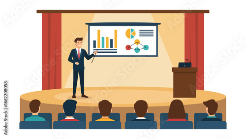 Dynamic business presentation on stage with engaged audience, business conference speaker sharing data insights