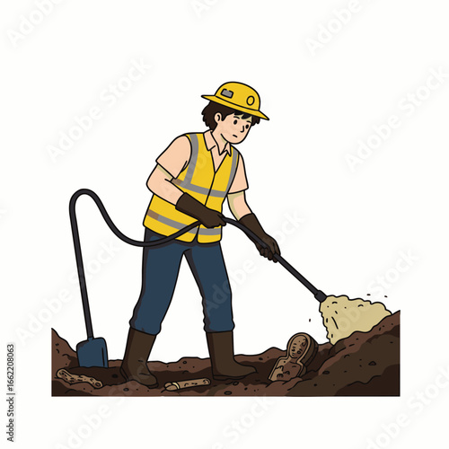 A dedicated worker, wearing a hard hat and safety vest, meticulously uses a specialized tool to clear soil, revealing objects during an outdoor excavation.
