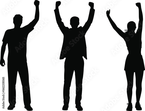 Celebrating diverse team success with raised arms and a united, triumphant spirit against a white background.