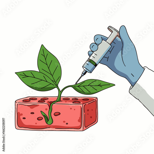 A gloved hand meticulously injects a syringe into a vibrant green plant sprouting from a red biological block, symbolizing genetic engineering and scientific advancement.