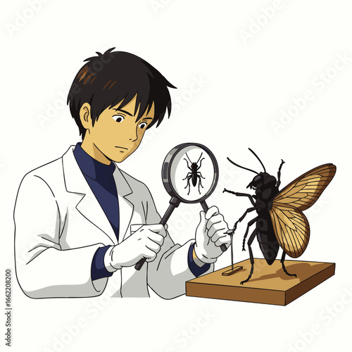 A focused young scientist in a white lab coat meticulously examines a pinned insect specimen with a magnifying glass, delving into the intricate world of entomology.