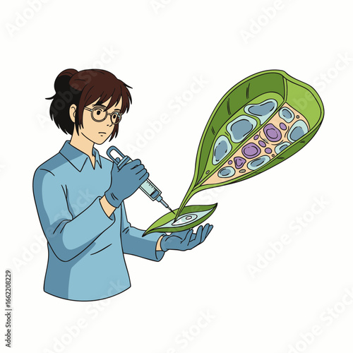 A focused botanist in protective gloves uses a syringe to inject a substance into a plant leaf, representing innovative biological research and genetic manipulation.