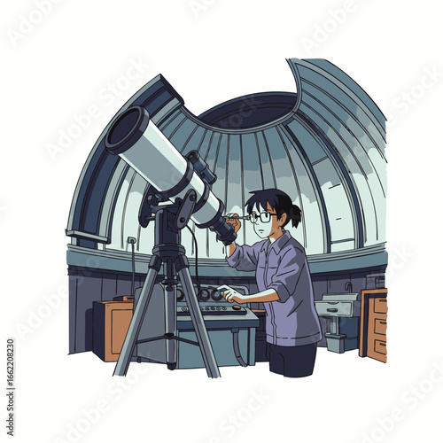 A dedicated young female astronomer meticulously adjusts her powerful telescope within a modern observatory dome, exploring the vast mysteries of the cosmos.