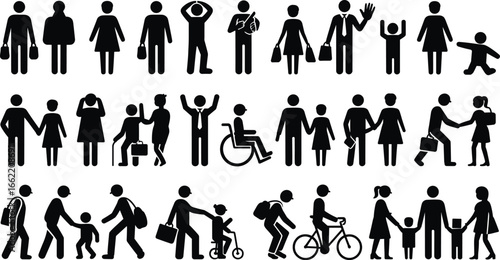 Vector silhouette collection of diverse people, families, and individuals in various daily life situations, symbolizing community, teamwork, and inclusion on a white background.