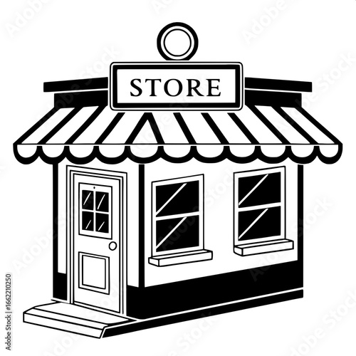 Outlined Small Shop Logo
"A monochrome logo-style drawing of a small shop with a rectangular shape, scalloped awning, front-facing window, and door. Simple sans-serif text 'STORE' above the awning. De