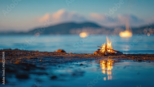 Small campfire on the shore at dawn