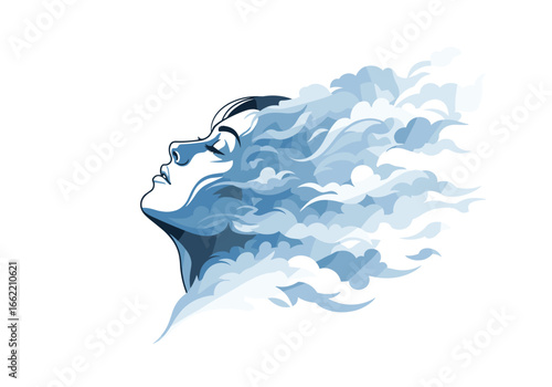Abstract human face emerging from wispy blue clouds on a white background