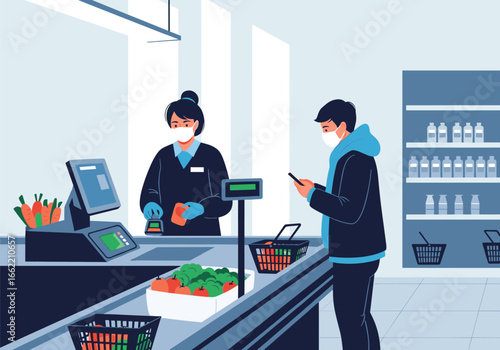 Customer pays for groceries at supermarket checkout with cashier wearing protective mask and gloves