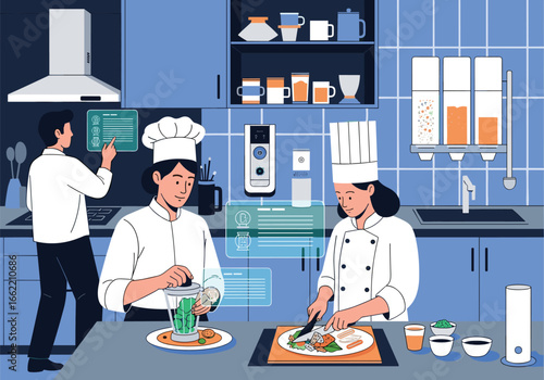 Modern restaurant kitchen operations utilizing advanced culinary technology