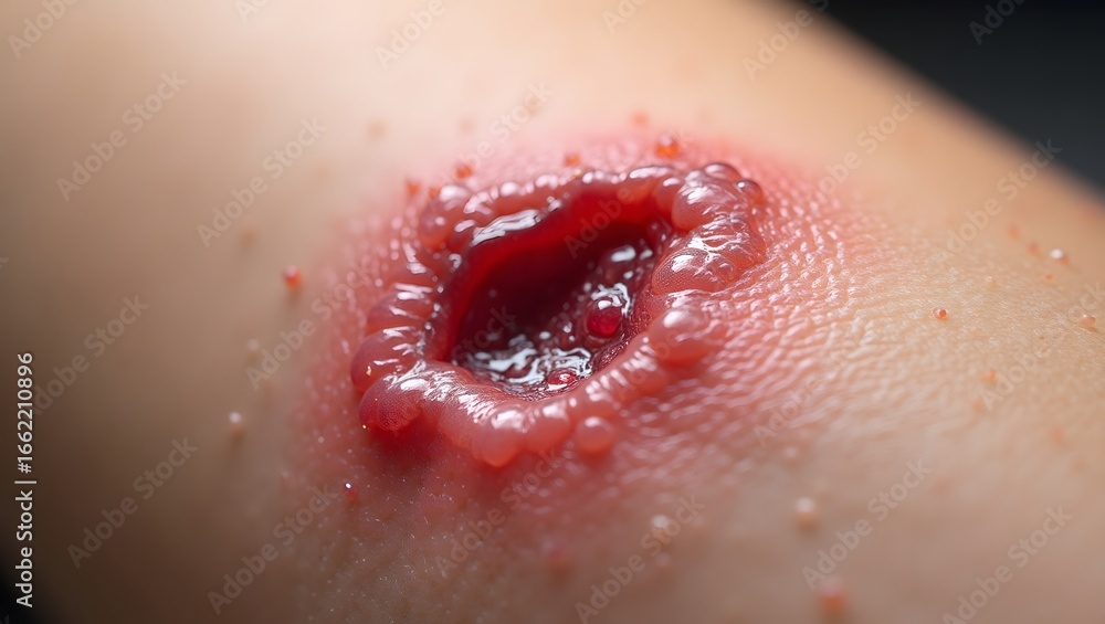 Fototapeta premium Macro photo of a healing wound on human skin with detailed texture, A close-up shot of a deep injury with blood and inflamed skin, Abstract image of a red wound, representing a medical concept