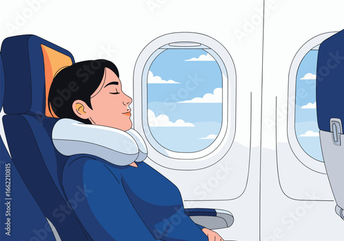 A person sleeping comfortably in an airplane seat near the window enjoying the flight journey