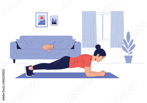 Fit woman performing plank exercise on yoga mat in living room workout session
