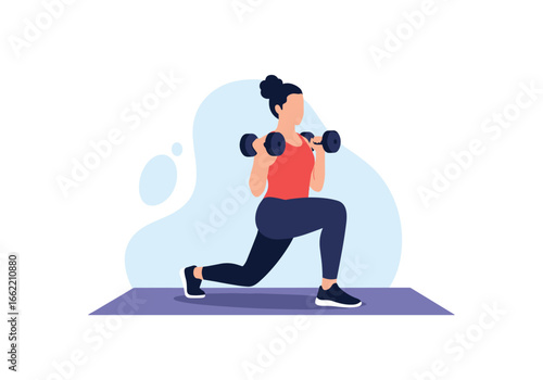 Fit woman performs dumbbell lunges for strength and balance training on yoga mat