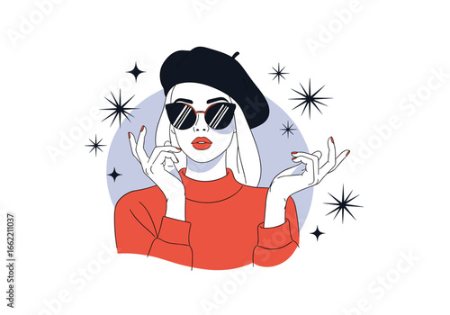 Chic parisian woman in red sweater and beret with sunglasses and sparkling accents