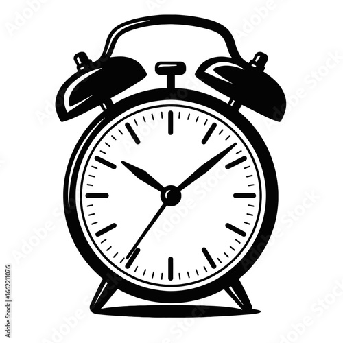 A black and white doodle-style illustration of a classic twin-bell alarm clock. Ideal for time, morning, or retro themes.