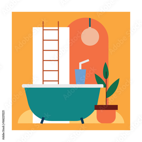 Bathroom with Freestanding Bathtub and Towel Ladder