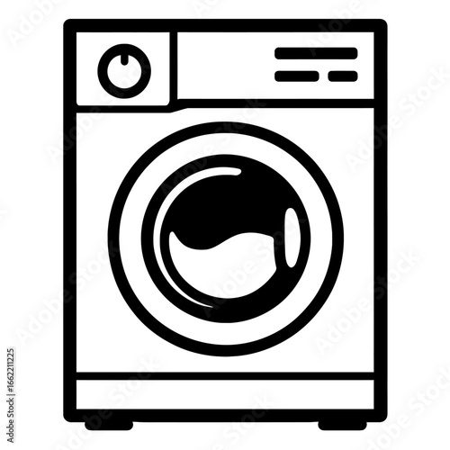 A black and white doodle-style illustration of a modern front-loading washing machine. Ideal for laundry, household, or appliance themes.