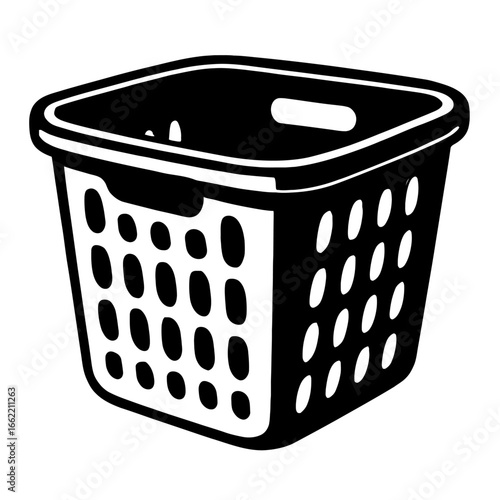 A black and white doodle-style illustration of a plastic laundry basket. Ideal for household, cleaning, or domestic themes.