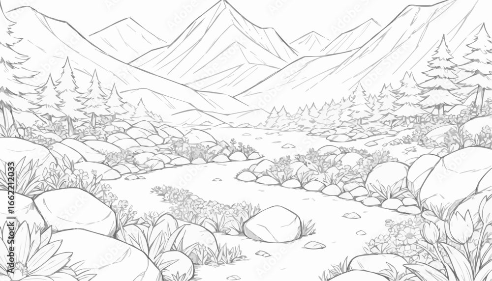 Obraz premium Adult coloring page of a mountain landscape with river and stones