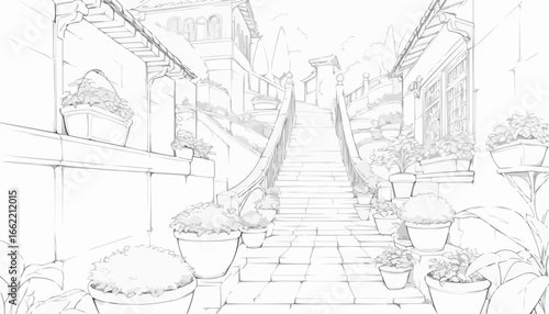Adult coloring page of a charming staircase lined with potted plants