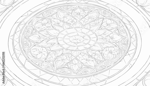 Adult coloring page of an intricate mandala with floral patterns
