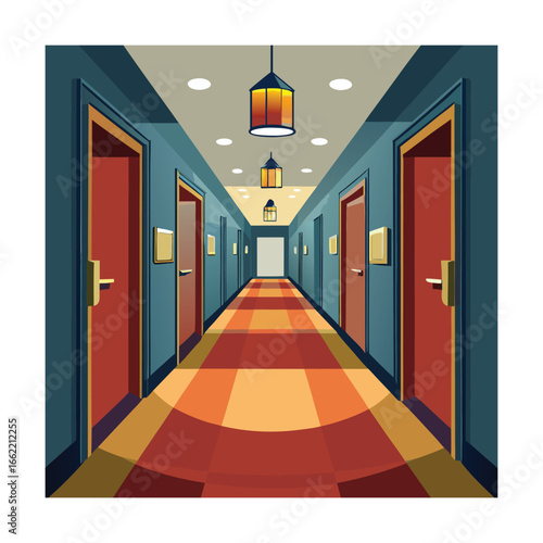 Hotel Hallway with Carpet Room Doors and Wall Lights