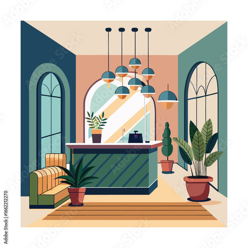 Hotel Lobby with Reception Desk Chandelier and Plants