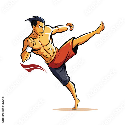 Kickboxer Throwing a Roundhouse Kick Clean Vector