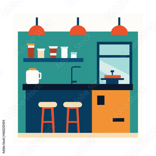 Kitchen with Breakfast Bar Stools and Open Shelves