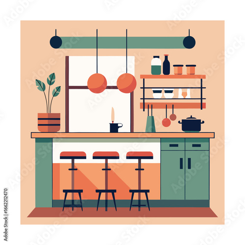 Kitchen with Long Countertop Bar Stools and Hanging Lights