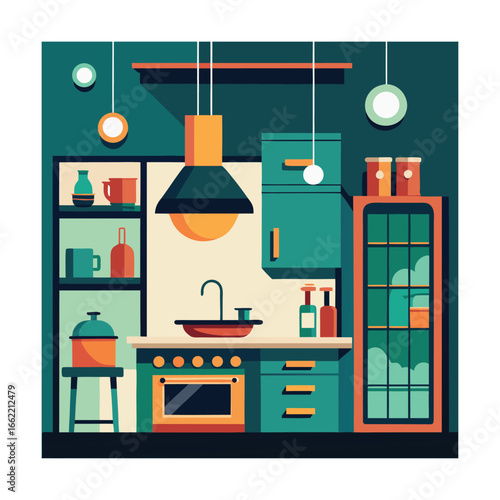 Kitchen with Open Shelves Sink Stove and Hanging Utensils