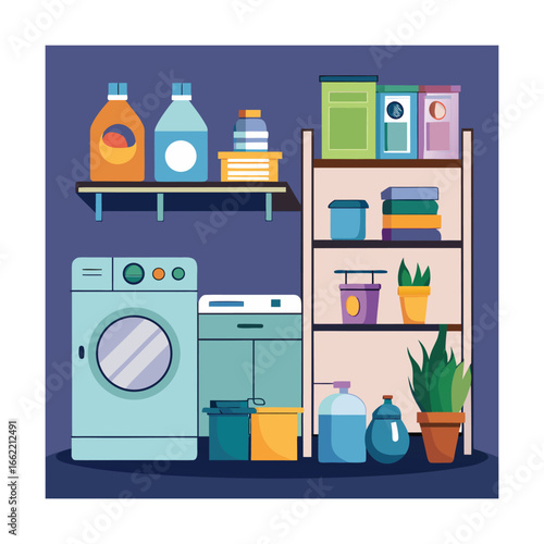 Laundry Room with Washing Machine Shelves and Detergent