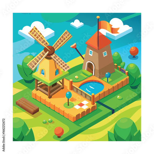 Mini Golf Area with Cartoon Windmill Obstacle