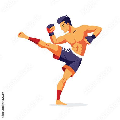 Muay Thai Fighter Blocking a Kick Flat Vector Illustration