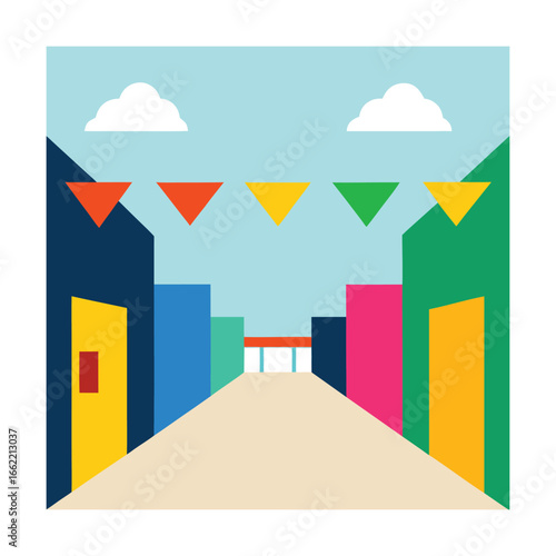 pedestrian shopping street colorful banners