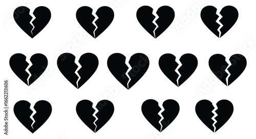 a collection of black broken hearts on a white background