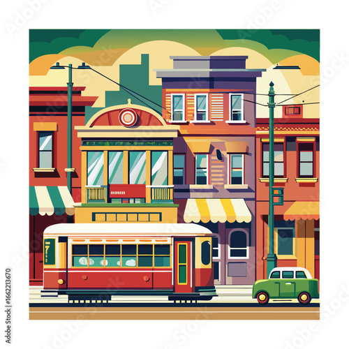 Vintage Tram Passing by Colorful Storefronts Illustration