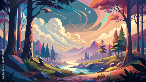 Artistic conception reveals beautiful landscape painting of nature, dreamy forest background illustration, tender design flowing softly, enchanting atmosphere rising, serene horizon glowing, harmoniou