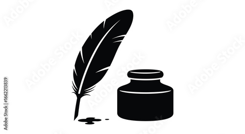 A black feather quill pen and ink bottle on a white background