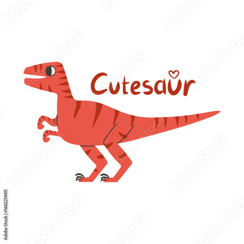 Funny with dino handwritten text Cutesaur. Vector illustration. Card with raptor dinosaur